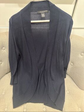 Navy Open-Front Ribbed-Trim Cardigan